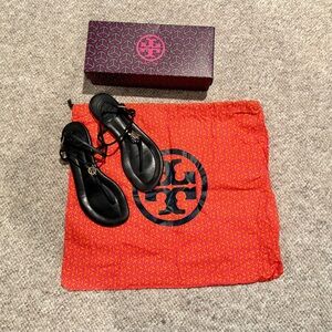 Tory Burch Black Leather Sandals with Logo Dust Bag and Box